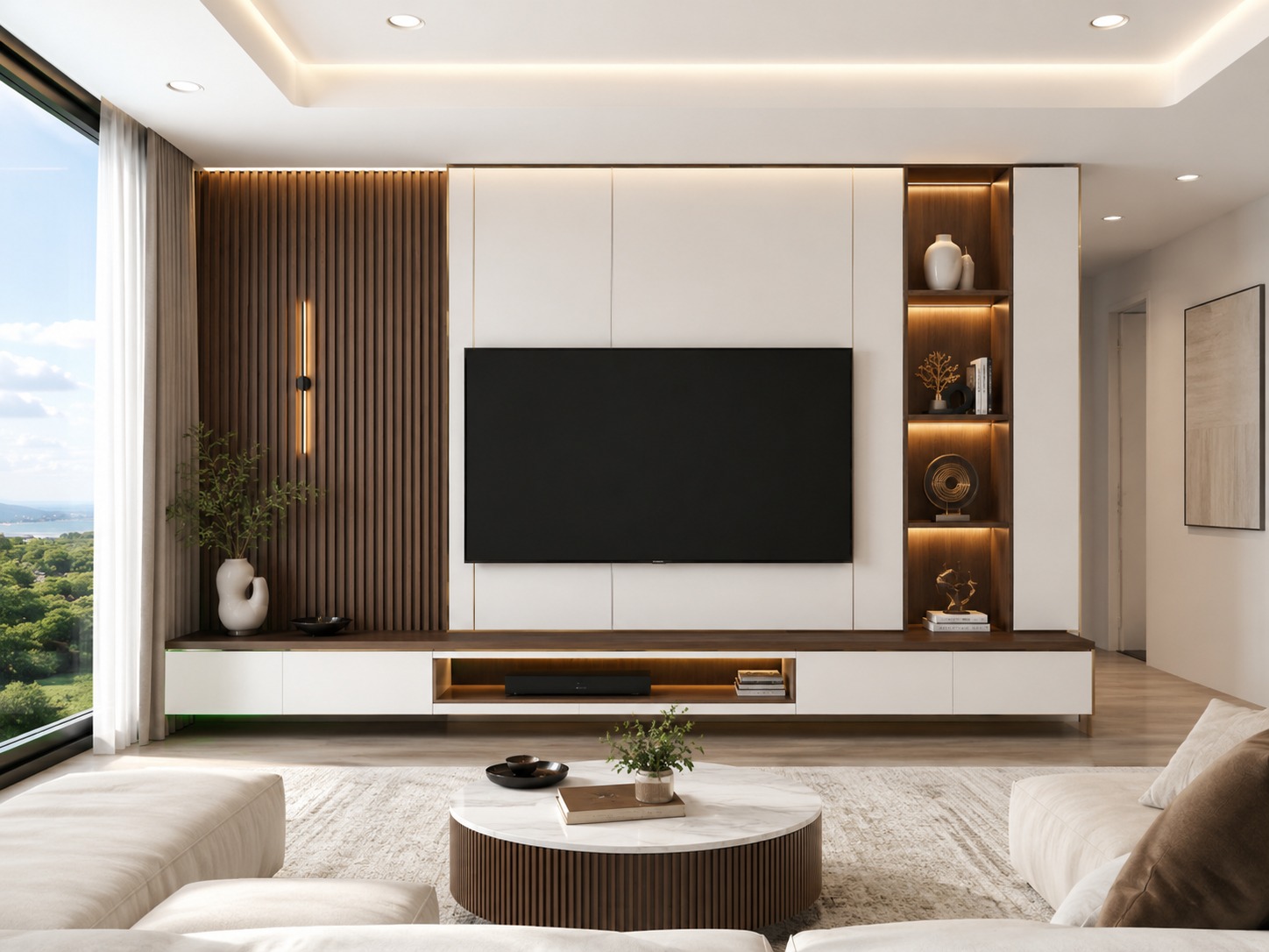 Inspiration: walnut fluted wall, illuminated shelving and white floating cabinetry